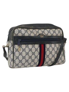 Authentic GUCCI GG Supreme Sherry Line Shoulder Bag PVC Navy Gold